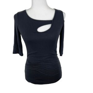 Gold Ray Sweater Women Small Black Ribbed Knit Keyhole Cold Shoulder Pullover